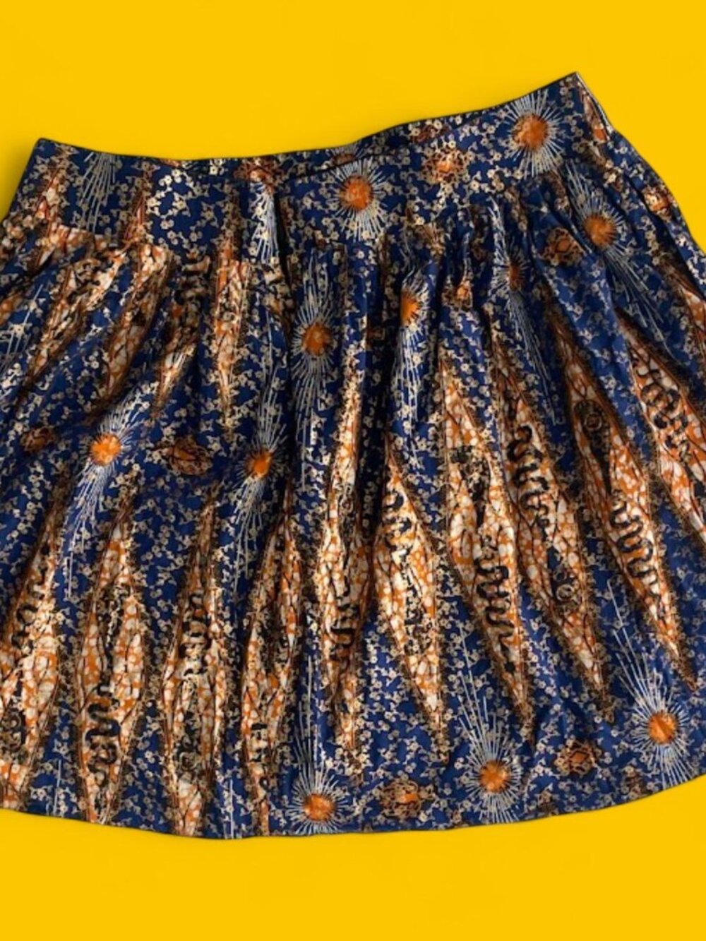 Hand-Tailored Ankara African Batik Mini Skirt | Gold Metallic | Size 14-16